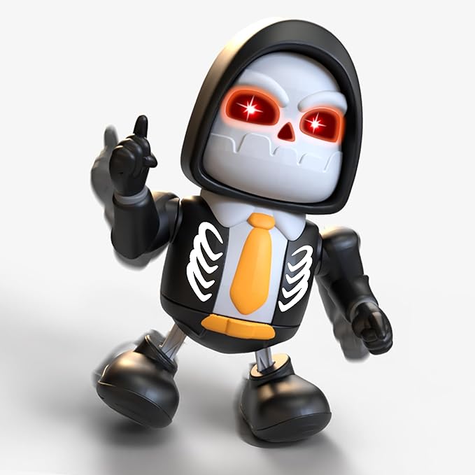 Halloween Skeleton Dancing Robot Toy with Lights & Music, Battery Operated Animated Skull Toy for Kids, Light-Up Walking Singing Robot Figure, Spooky Gift for Boys Girls Ages 3+