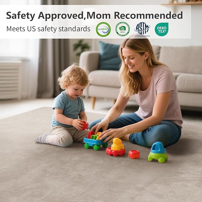 Baby Play Mat for Floor,Extra Large 59"×71" Tummy Time Mat,Thicker Memory Foam Mats for Toddler,Infant,Kids,Water Repellent Ultra Soft Coral Velvet,Non-Slip Backing Safe for Crawling(Beige)