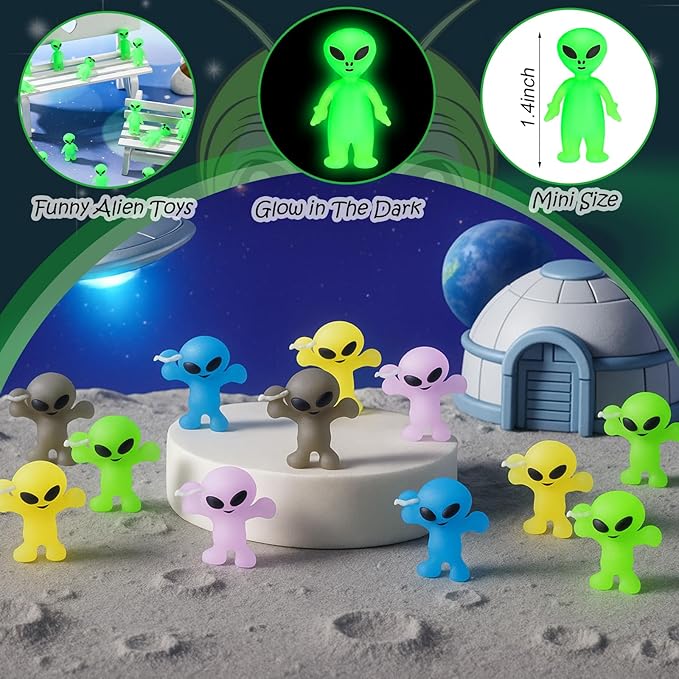 40 Pcs Colorful Mini Alien Figures Glow in The Dark Small Little Tiny Aliens Figurine Space Ship Toy Space Party Favors Prank Rubber Bag Piñata Filler