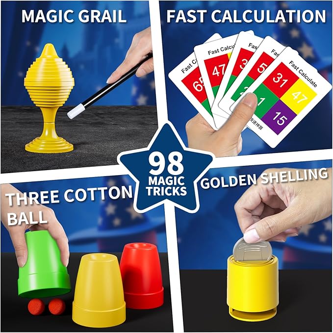 Magic Kit for Kids, 98 Magic Tricks Set for Kids with Magic Wand, Manual and Videos, Magic Set Toys Gifts for 6 7 8 9 10 11 12 Years Old Kids Boys Girls Beginner Halloween Christmas Birthday Parties