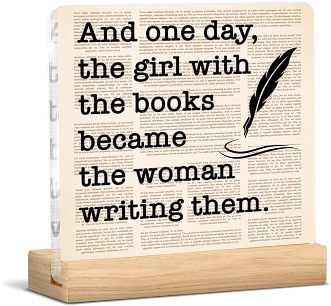 Writing Gifts for Women Girls, Funny Gifts for Writers Author Novelist Writing Lover, Retro Newspaper Acrylic Plaque Sign with Wooden Stand Home Office Decor