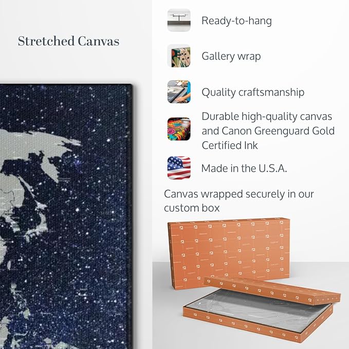 ElephantStock Starry World Map Multi Piece Canvas - 3 Panel Wall Decor - Map of the World Art - Canvas for the Office and Home - 33" X 20"