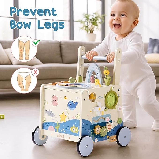 ROBUD Wooden Baby Push Walker, Marine Theme Learning Walking Toys, Adjustable Height Baby Walker with Decelerator, Montessori Toys for Baby Age 10 Months+, WRP23