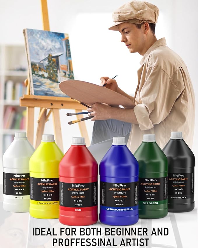 Nicpro 6 Colors Large Bulk Acrylic Paint Set (128 oz, 1 Gallon) Rich Art Painting Supplies Non Toxic for Multi Surface, Canvas, Wood, Leather, Fabric Stone Craft for Kid & Adult with Pump, Color wheel