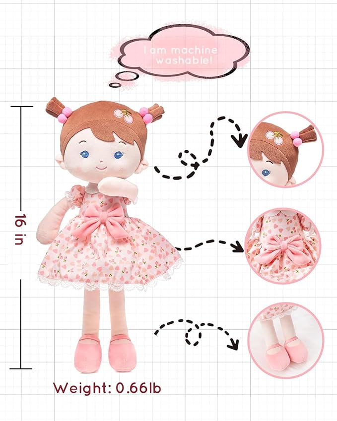 LeyaDoll Soft Baby Doll Toys (16''), My First Baby Rag Doll for 1 Year-Old Girl Birthday Gift,Christmas Plush Toys Gift for Toddler Kids Infants-Cherry
