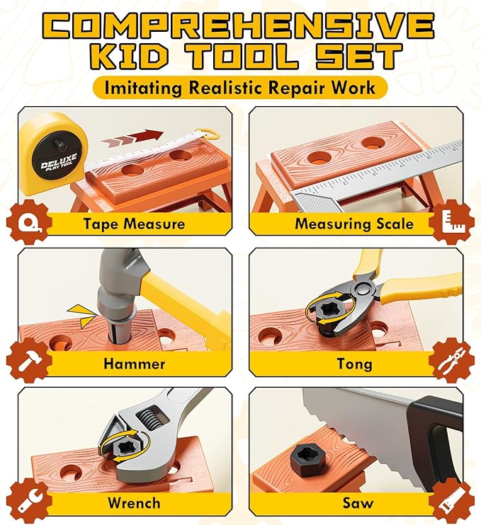 Lehoo Castle Kids Tool Set with Electric Toy Drill and Tool Box, Construction Toys for 3 Year Old Boys Birthday Gift, Pretend Play Toddler Tools for 3-5 Years Old (Yellow)