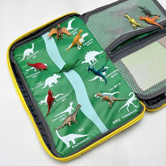 Portable Kids Play Case with Toy Cars, Dinosaur Design, Building Base Plate, and City Road Map, Educational Travel Activity Set Travel Toys Birthday gift for kids aged 3-6