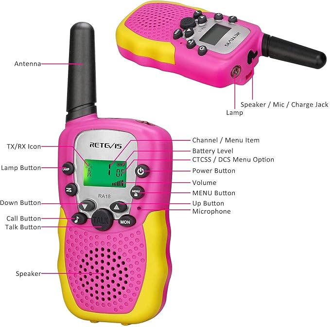 Retevis RA18 Kids Walkie Talkies, Walkie Talkie Toys for 6-12 Year Old Girls Boys, 22 CH, Long Range, Built-in Flashlight, Girls Birthday Gifts,Outdoor Garden Camping Family Trip(Pink 2 Pack)