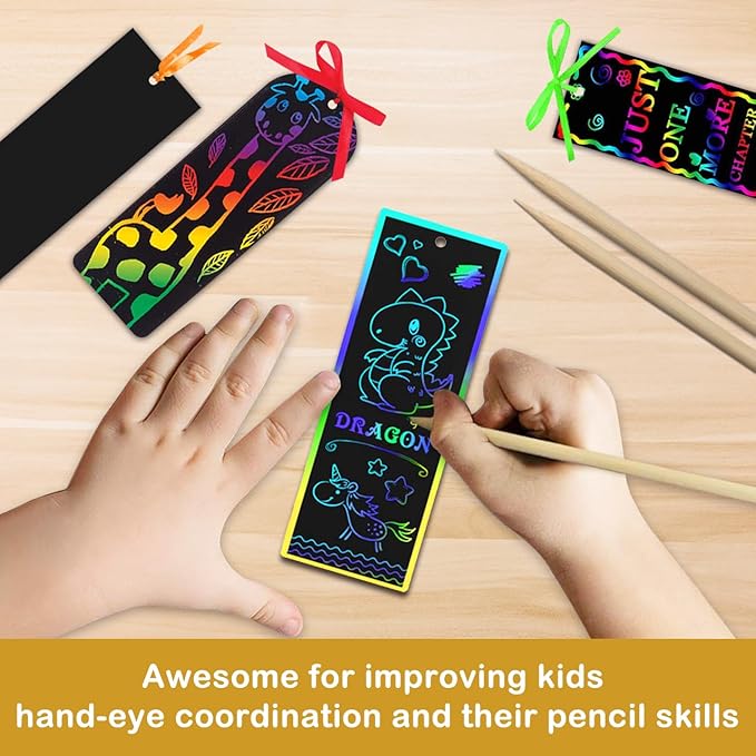ZMLM Scratch Paper Art Bookmarks Kids: 36 Set Magic Rainbow DIY Art Craft Paper Bookmark Gift Tag Party Favor Goodie Bags Stuffers Pack Activity Bulk Making Kit for Boys Girls Birthday Game Classroom