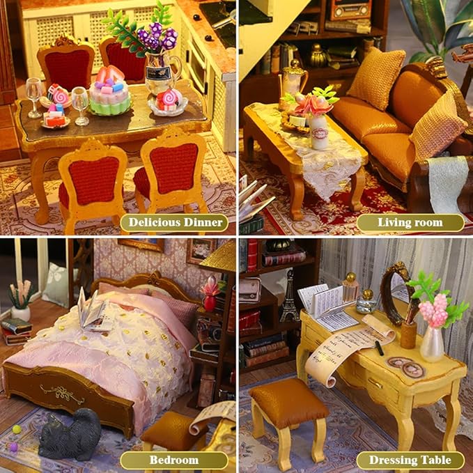 Yuzhen DIY Miniature Dollhouse with Furniture and LED Lights, European Style Villa Wooden Dollhouse Includes Dustcover and Music Movement, Exquisite Home Decor