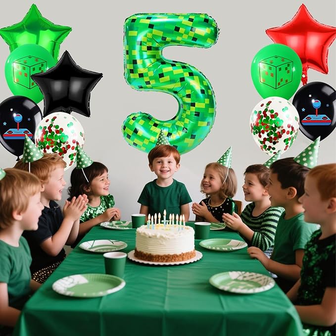 40in Green Pixel Number 5 Balloon Birthday Decorations, Miner Theme Green Foil Balloons Blast Gaming Party Supplies