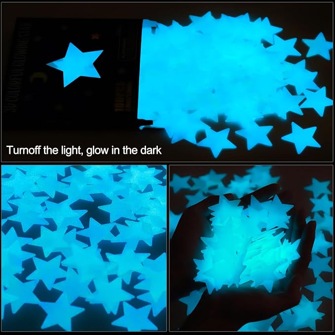 AM AMAONM 100 Pcs Blue Glow in The Dark Luminous Stars Fluorescent Noctilucent Plastic Wall Stickers Murals Decals for Home Art Decor Ceiling Wall Decorate Kids Babys Bedroom Room Decorations