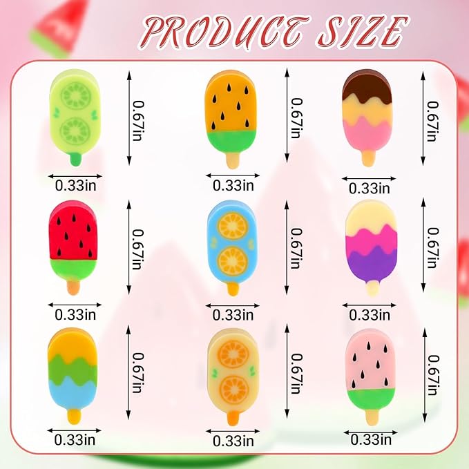 JUNEBRUSHS 150Pcs Ice Cream Mini Erasers for Bulk, Cute Fruit Shaped Pencil Erasers for School Classroom Prizes Homework Rewards Gifts Party Favors