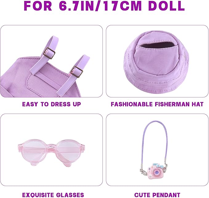17cm Doll Clothes 4-Piece Dolls Accessories with Purple Overalls, Fisherman Hat, Glasses & Pendant Outfit for Plush Dolls – Accessories Only, No Doll Included