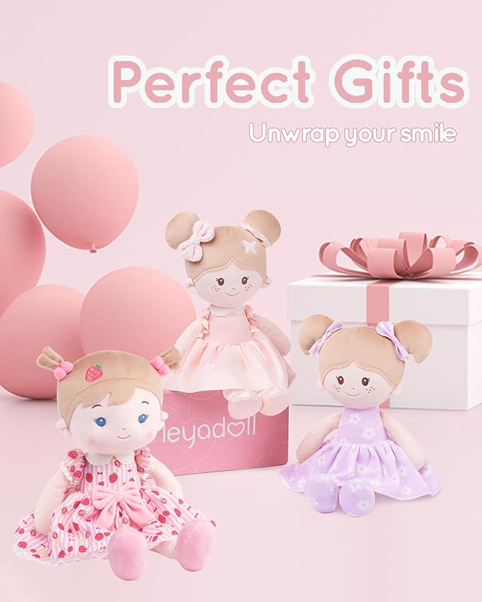 LeyaDoll Soft Baby Doll Toys (16''), My First Baby Rag Doll for 1 Year-Old Girl Birthday Gift, Christmas Plush Toys Gift for Toddler Kids Infants-Strawberry-Girl