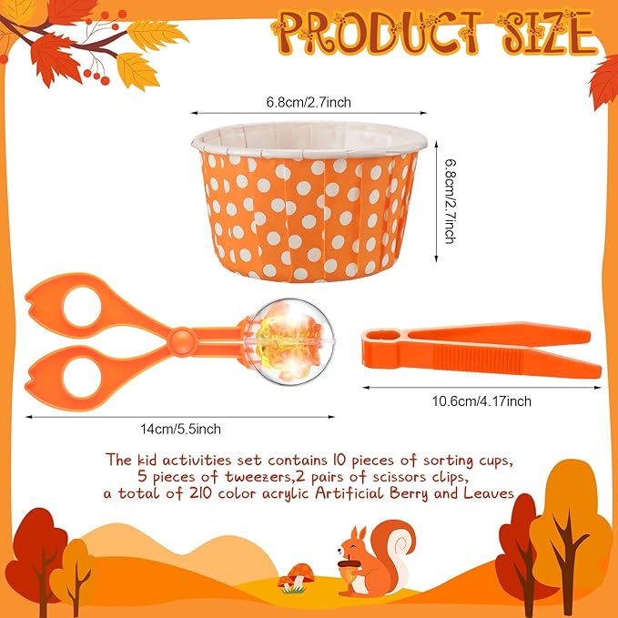 Jenaai 228 Pcs Sensory Bin Filler Fine Motor Skills Toys Counting Weight Sorting Toy Set with Acrylic Fall Leaves Pumpkin Tweezers Scissors Clips Cups and Storage Bag for Thanksgiving and Autumn Decor