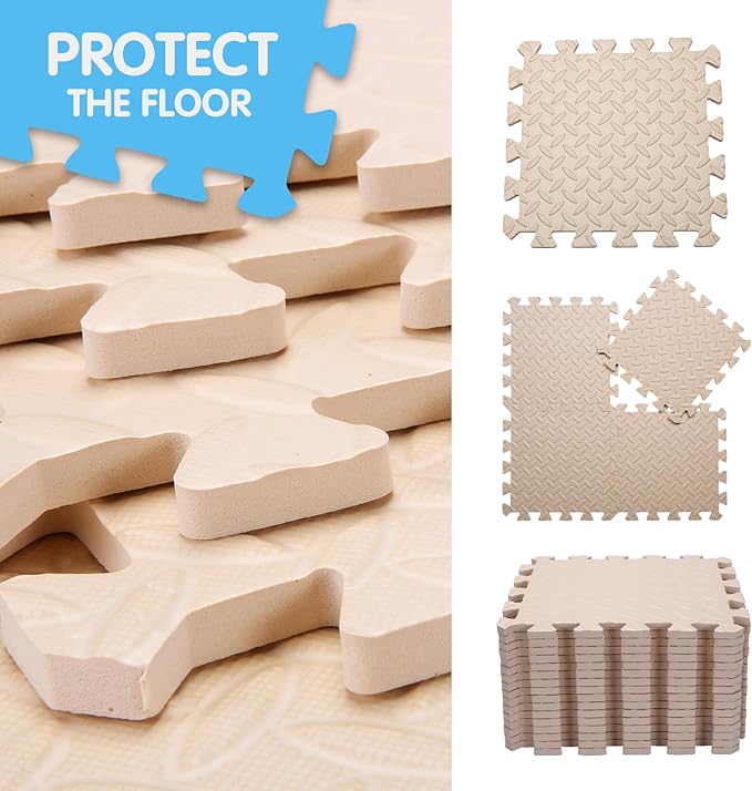 Coolcandy EVA Foam Play Mat, 16 Tiles Colorful Baby Play Mat, Square Kids Playmat with Solid Colored, 0.4" Thickened Interlocking Foam Floor Tiles, Puzzle Play Mat for Baby Lying, Playing (Beige)
