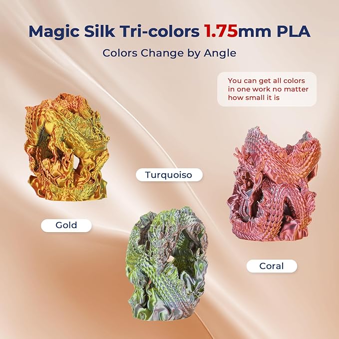 AMOLEN Silk PLA 3D Printer Filament, Tri Color Coral Gold Turquoise PLA 1.75mm, Shiny Multi Color Change Filament 3D Printing PLA Filament for Most FDM 3D Printer, 1kg Spool(2.2lbs)