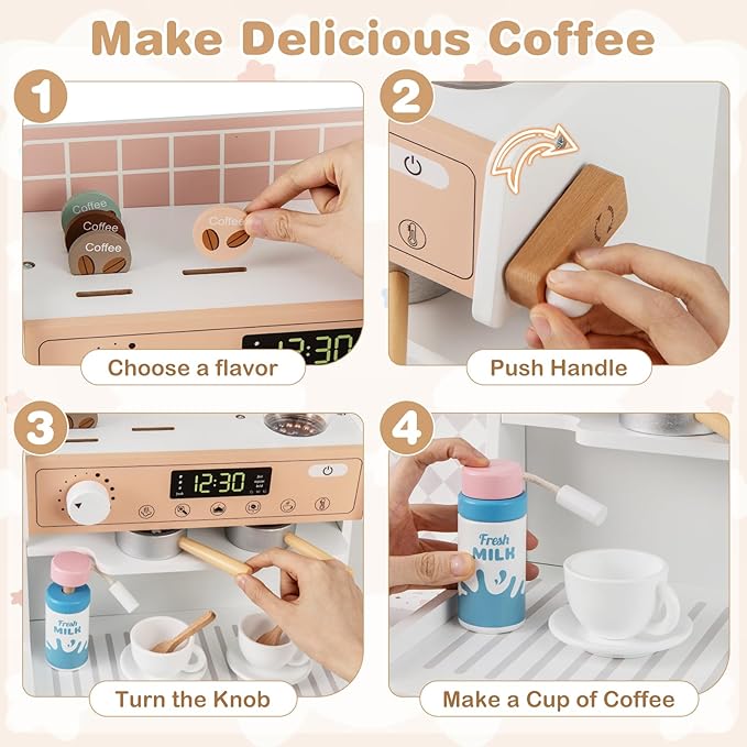 INFANS Kids Kitchen Playset, Toddler Wooden Kitchen Pretend Cooking Toy Set with Coffee Maker Ice Machine Dishwasher Microwave Storage Cabinet, Simulation Play Kitchen for Boys Girls 3+ (White)