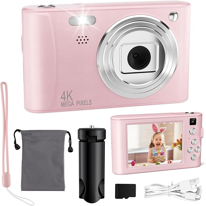 Upgrade Kids Digital Camera, Christmas Birthday Gifts for Girls Age 3-12, HD Digital Selfie Video Cameras for Toddler, Portable Toy for 3 4 5 6 7 8 9 10 Year Old Girl with 32GB SD Card-Pink