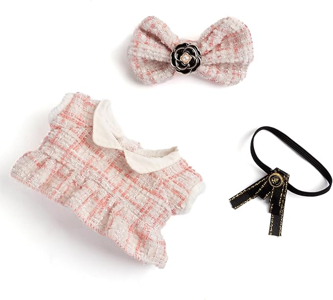 17cm Doll Outfits for Labubu - Luxury Chic Style Set for 17cm Dolls, Premium Doll Clothes with Accessories - Pink Plaid Tweed Dress + Black Necktie + Plaid Bow (Clothes Only)