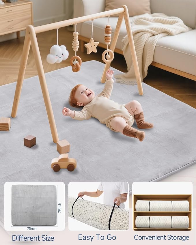 Large Thick Baby Play Mat for Floor,Padded 71x79 Playpen Mat,Foam Tummy Time Mat,Soft Support&Plush Feel Nursery Rug,Non Slip for Toddler,Infants,Kids Play,Yoga,Baby Crawling Mat (Light Grey)