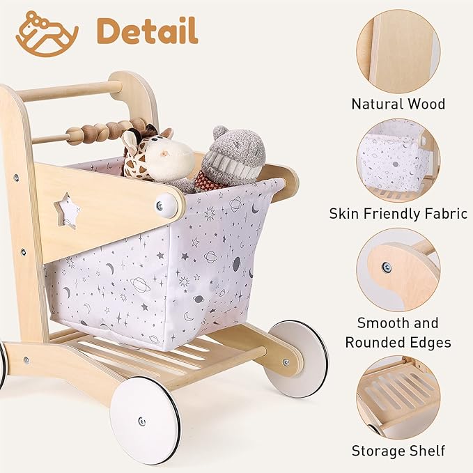Woodtoe Wooden Baby Walker Doll Stroller | Adjustable Speed Shopping Cart for Toddlers 1-3 | Baby Push Walker - Pretend Play Grocery Cart | Natural Wood Stroller Push Toys for Babies Learning to Walk