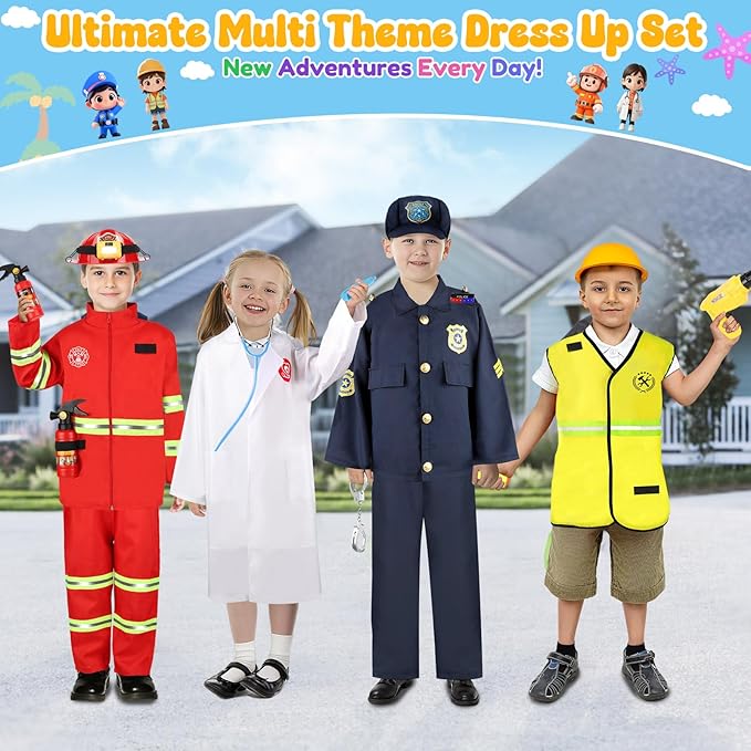 Toddler Dress Up Clothes, Kids Role Play Costumes 4 In 1 Set-Police Doctor Fireman Engineer for Boys Girls Aged 3-8, Career Dress Up Pretend Play Toys, Birthday Halloween Christmas Gifts