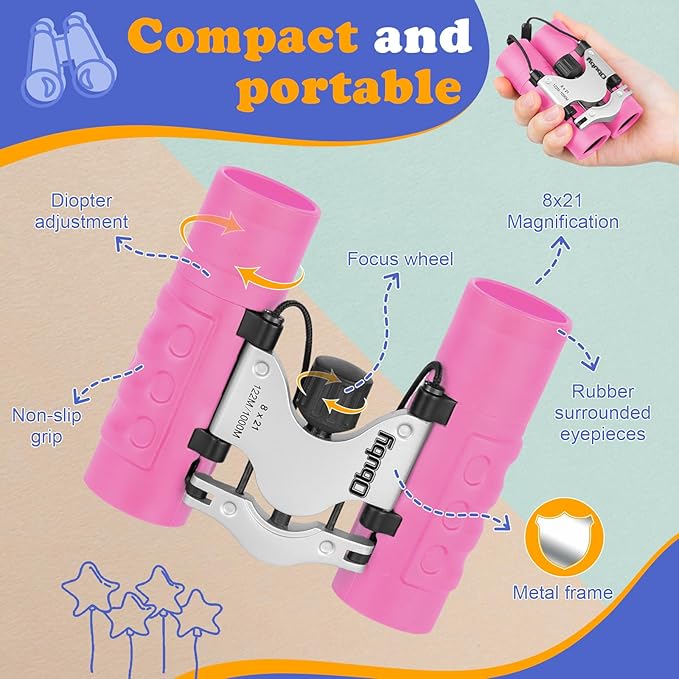 Obuby Real Binoculars for Kids Gifts for 3-12 Years Boys Girls 8x21 High-Resolution Optics Compact Toy Binocular for Bird Watching,Travel, Camping