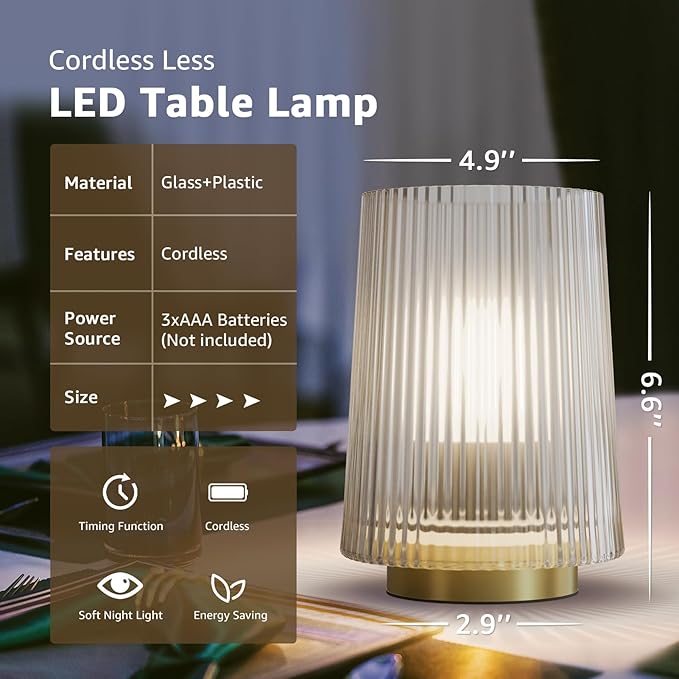 Dolita Battery Operated Glass Lamp, 2-Pack Small Table Lamps with Timer, Bedside Lights for Home Decor Living Room, Office, Bedroom