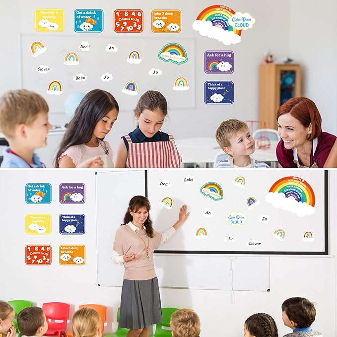 Tatuo 69 Pcs Calming Corner Posters Calm Down Cloud Mini Bulletin Board Set Calming Corner Supplies Rainbow Cloud Cutouts Classroom Decor for Back to School Kids Educational Learning Activities