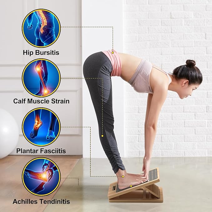 Wooden Slant Board for Calf Stretching, Adjustable Portable Wooden Incline Board with Training Guide, 300 lb. Load Capacity, Physical Therapy Equipment for Legs, Knees, Heels and Ankles