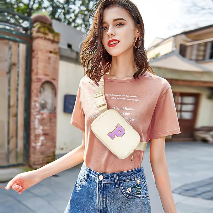 Gitus Gifts for 8 9 10 11 12 Year Old Girls Belt Bag Fanny Pack Crossbody Bags with Initial Letter Patch Cute Stuff Birthday Gifts for Teen Girls Women Personalized Trend Stuff (Ivory-P)