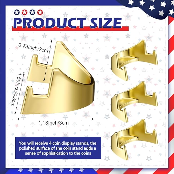 4 Pcs 1.69 Inch Metal Challenge Coin Display Stand Military Coin Holder Medallion Token Holder for Veterans Collectors Fits 2 Inches and up Coins Medals Pocket Watches(Gold)