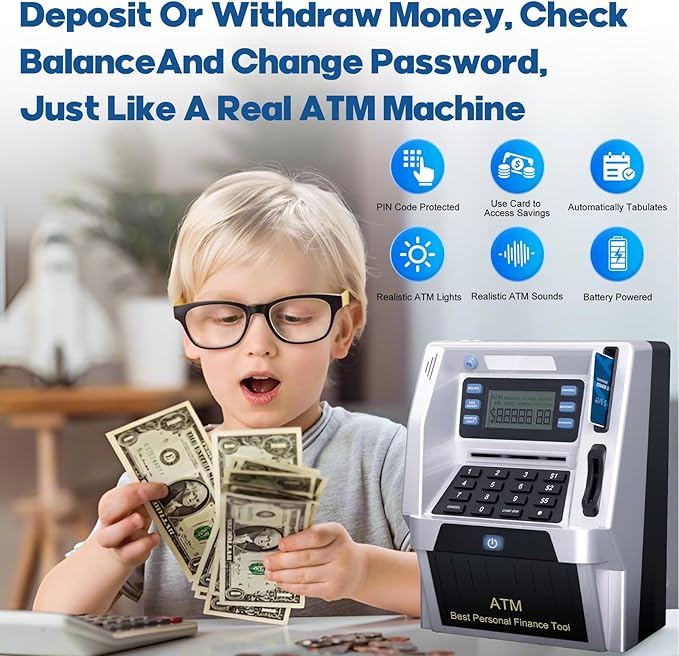 Blingbin Upgraded ATM Piggy Bank for Kids, ATM Bank Machine for Real Money with Debit Card, Bill Feeder, Coin Recognition, Balance Calculator, Electronic Saving Safe Machine Box for Boys Girls Gift