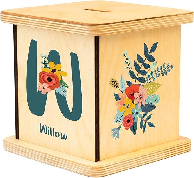 Wooden Piggy Bank for Kids and Adults, Personalized Gift Handmade in USA by BloomOwl, Custom Piggy Bank, Personalized Banks for Kids, Gifts for Baby Boys and Girls (Floral- Botanical)