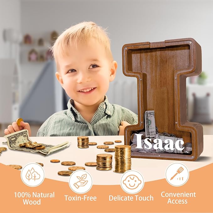 Wooden Letter Piggy Bank for Kids Larger Letter Piggy Bank for Boys and Girls Personalized Piggy Bank Initial Coin Bank Wood Kids Money Bank for Birthday and Festival