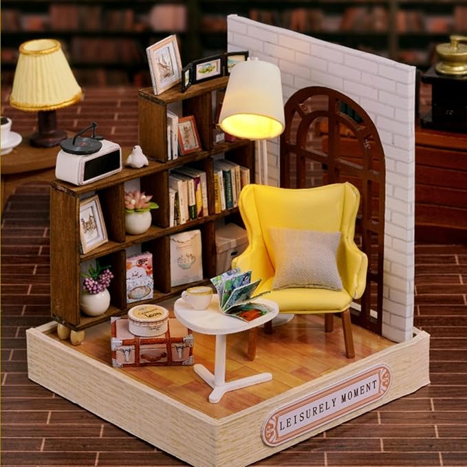 OZJAY DIY Miniature House Kit with Dust Proof Cover, 1:24 Scale Creative Room Mini DIY Wooden Dollhouse Miniature Kit for Adults Teen, Leisurely Moment