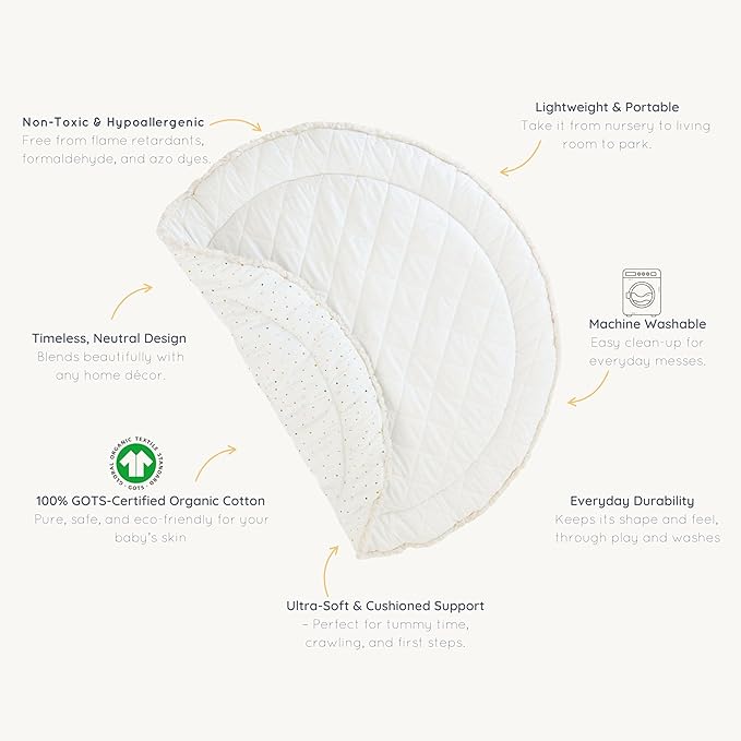 MakeMake Organics Organic Play Mat GOTS Certified Organic Cotton Nursery Floor Machine Washable Reversible Non Toxic Activity Mat Tummy Time Crawling Pad Thick Quilted (Round 48", Dotty + Solid Ivory)