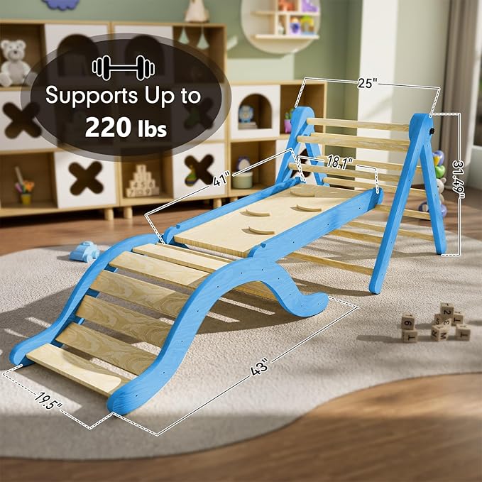Pikler Triangle Set Climber 5 in 1, Toddler Climbing Toys Indoor Folding with Ramp & Arch & Mat for Montessori Play Gym for Toddlers and Kids (Blue)(105" Wx25 Dx31.5 H)