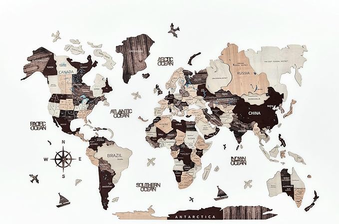 KPSKE 3D Wooden World Map for Wall - Wall Accent Map with Ocean Names, Boats, Compass and More - Wood Travel Map with 50 Pins (Mocha)