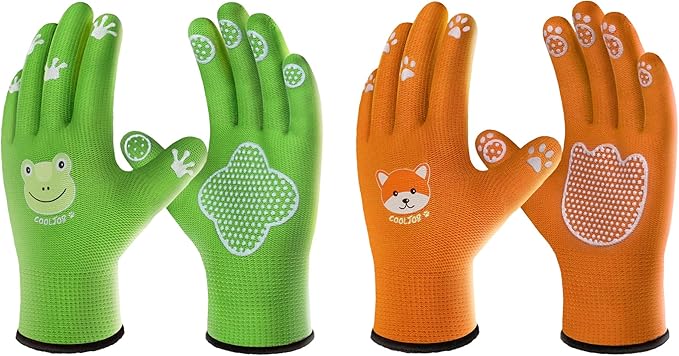 COOLJOB Breathable Toddler Work Gloves for Gardening Boy Girl Ages 2-4 Small, Nylon Kids Garden Gloves with Grip, Children Yard Gloves for Digging Weeding Landscaping, Green & Orange, 2 Pairs