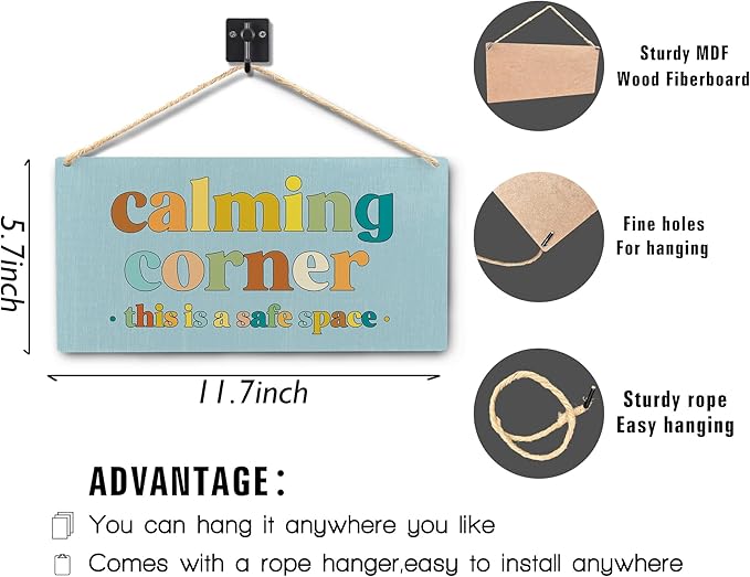 Calming Corner Hanging Wood Sign - Safe Space Decor, Calm Down Corner Blue, 12x6