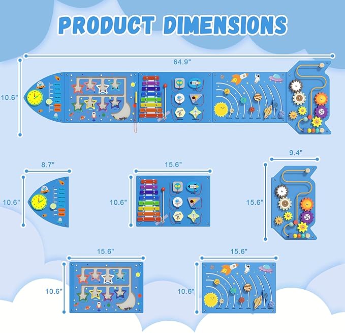 Rocket Activity Wall Busy Board Panels - Sensory Wall Panel for Kids, Montessori Toddler Wall Activity Board, Wall Toys for Toddlers 3, Activity Cube, Wooden Boards, Blue
