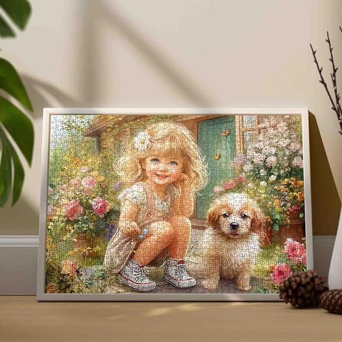 Tucocoo Charming Girl and Puppy 1000 Piece Jigsaw Puzzle for Adults, Flower Garden Cottagecore Art Puzzle, Colorful Floral Dog Scene, Relaxing and Fun Gift for Puzzle Enthusiasts, Home Wall Decor
