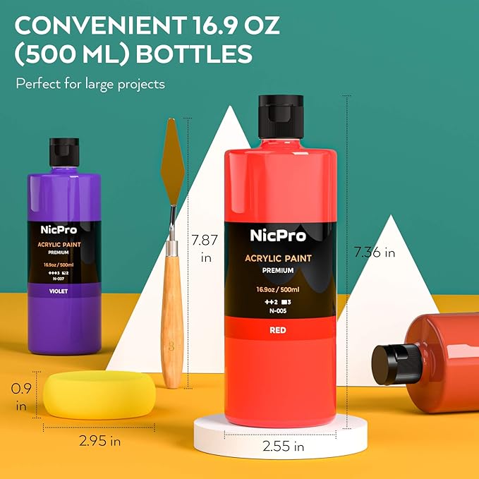 Nicpro 14 Colors Large Bulk Acrylic Paint Set (16.9 oz,500 ml) Rich Art Painting Supplies, Non Toxic for Multi Surface Pumpkin Canvas Wood Ceramic Leather Fabric Craft, for Kids Adult with Color Wheel