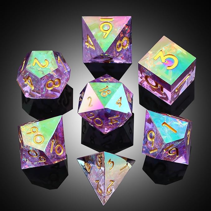 Iridescent Plating Lilac Sharp D&D Dice, DNDND Handmade DND Resin Sharp Edge D&D Die with Gift Case for Dungeons and Dragon Tabletop Games (Iridescent Plating Lilac)