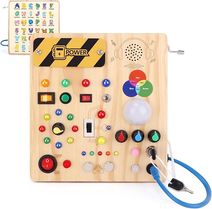 Busy Board,Montessori Toys for 1-3 Years Old, Wooden Toddler Toys, Autism Sensory Travel Toy, Ideal Gift for 1+ Year Old Boys (Busy Board v4)