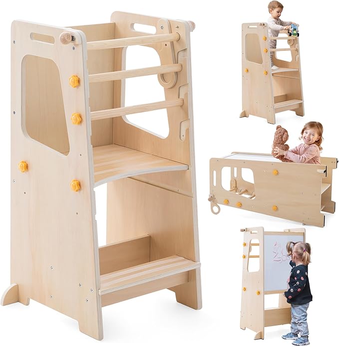 Toddler Standing Tower, 4 in 1 Kitchen Stool Helper with Whiteboard, Kids Step Stool with Convertible Table and Chair, Toddler Helper Tower with Adjustable Height for Counter,Sink