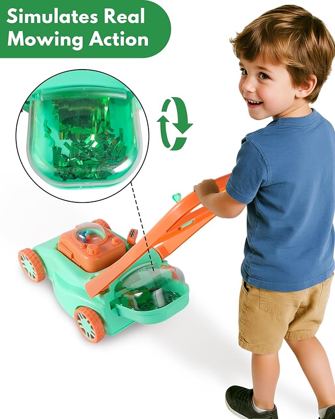 Kids Lawn Mower with Realistic Grass-Cutting Action and Sounds – No Batteries Required | Fun Outdoor Push Toy, Birthday Gift & Halloween Present for 3, 4, 5, 6, 7, 8 Year Old Boys and Girls (Green)